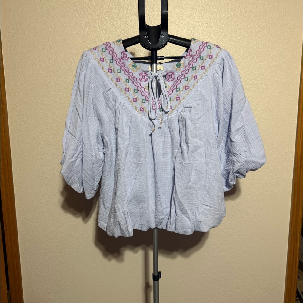 easel light purple Embroidered‎ Tie-Neck Peasant Top